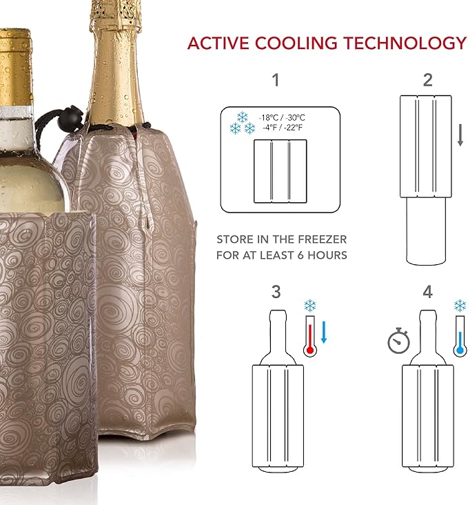 Vacu Vin Champagne & Wine Cooler Set - Flexible Insulated Chiller For Standard Size Bottles - Keeps Your Drinks Cold Longer - Lightweight & Easy To Use - Premium Design To All Occasions, Platinum