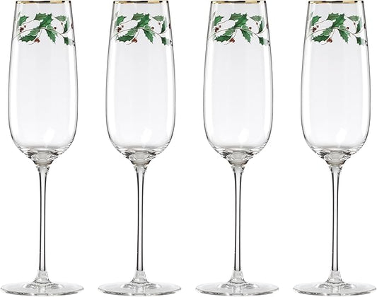 Lenox Glassware, Holiday Decal Flutes, Set of 4, 11-Ounce Capacity, Made From Glass, Dishwasher Safe Flutes, Drinking Glasses Set, Home And Kitchen, Champagne Flute, Champagne Glasses (Clear, 4 Piece)