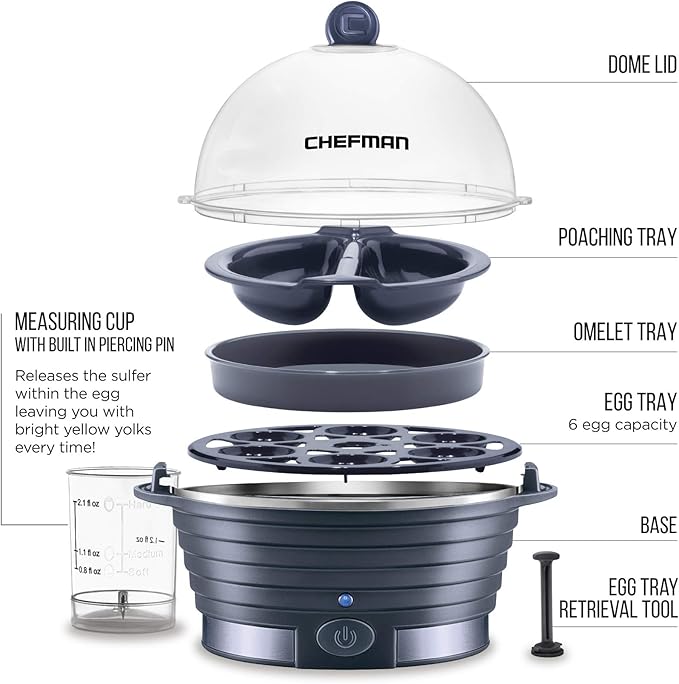 Chefman Electric Egg Cooker Boiler, Rapid Poacher, Food & Vegetable Steamer, Quickly Makes Up To 6, Hard, Medium or Soft Boiled, Poaching/Omelet Tray Included, Ready Signal, BPA-Free, Midnight Blue