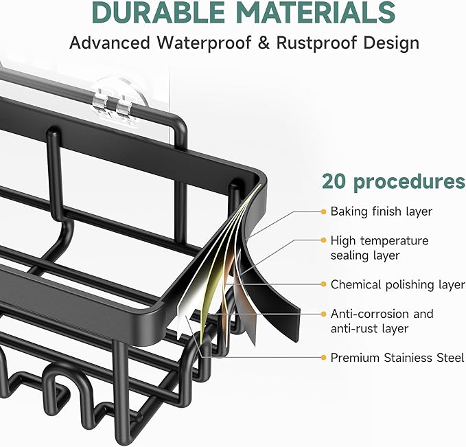 Veken Rustproof & Waterproof Shower Caddy 5-Pack, No Drilling Adhesive Wall Mounted Shower Shelves, Racks For Inside Shower, Large Bathroom Organizer Storage Accessories, Ideal for Home&Kitchen, Black