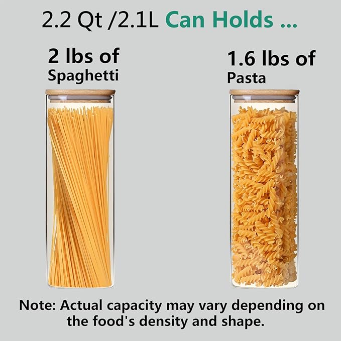 2.2 Qt Square Glass Storage Containers with Lids, Clear Food Storage Container Jar with Sealing Bamboo Lid Storage Containers for Pasta, Oats, Coffee, Flour, Sugar (Square -3Pack)