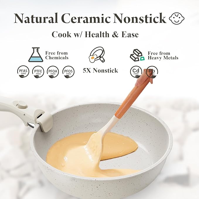 Ceramic Nonstick Cookware Set, Healthy,Non Toxic,17-Pieces Pots and Pans Set Removable Handles,Induction RV Kitchen Set,Stain & Scratch-resistant,Dishwasher/Oven Safe,PFAS/PFOA Free,Cream White