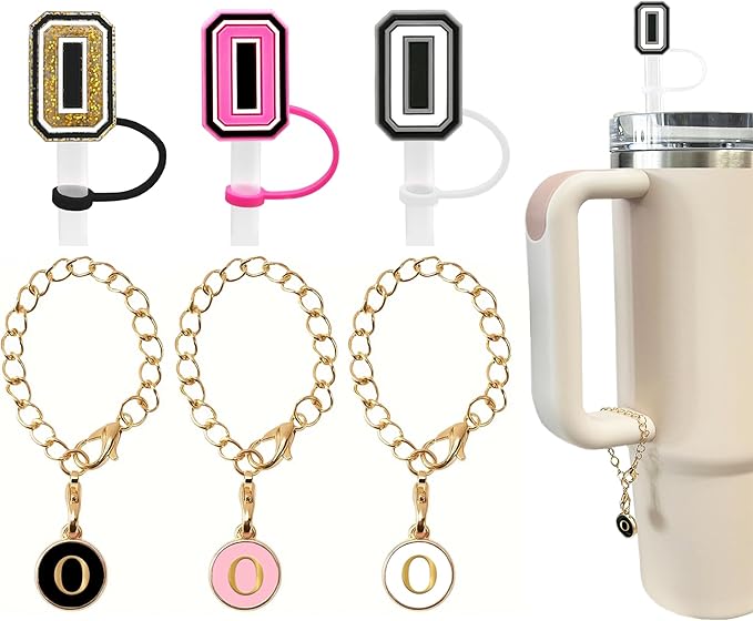 （3 +3) 3PCS Nuozme Straw Cover 10mm For Stanley Tumbler Cup Reusable Straw Cap Topper with 3 Initial Letter Charms Accessories Name ID Personalized Handle Charm For Stanley 30&40 Oz Cup Tumbler