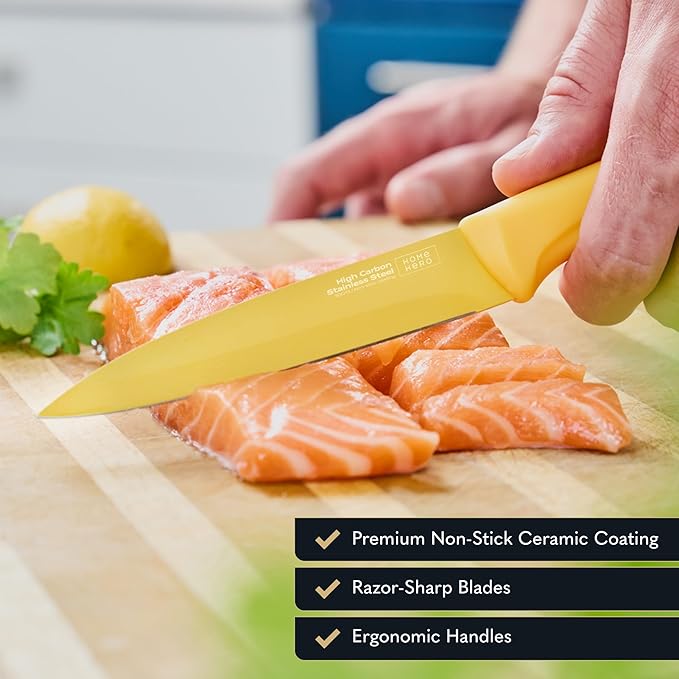 Home Hero Kitchen Knife Set - High Carbon Stainless Steel Blades - Nonstick Ceramic Coating - Ergonomic Handles with Protective Sheaths - 12 Pieces, Multicolor