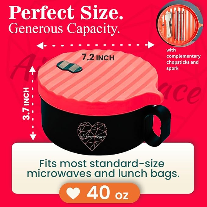 AI LOVE PEACE Ramen Bowl, 40 oz Microwaveable Noodle Cooker for Ramen, Pho, Soup, and Pasta, Dishwasher Safe and Portable, Ideal for Home, Office, Dorm, or Gift (Red)