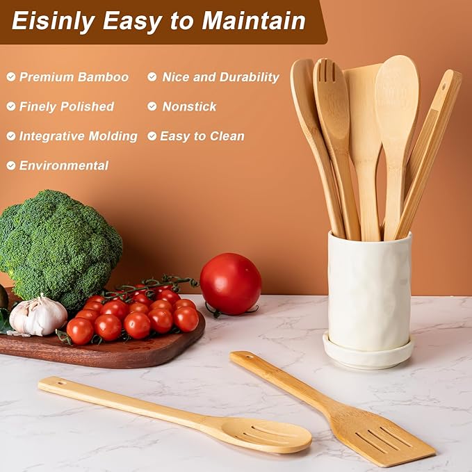 Wooden Spoons for Cooking 7-Piece, Kitchen Nonstick Bamboo Cooking Utensils Set, Durability Wooden Spatula Spoon for Everyday Use, Smooth Edge