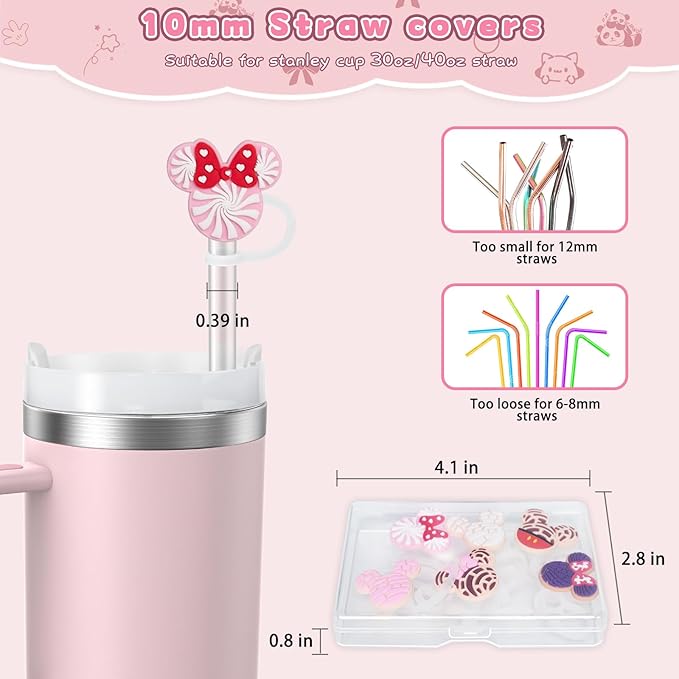 6PCS Straw Covers for Stanley Cup Tumbler 30 oz / 40 oz Leak Proof Straw Toppers 10mm Silicone Cute Straw Stopper Caps for Stanley Cup Accessories-Pink Mice