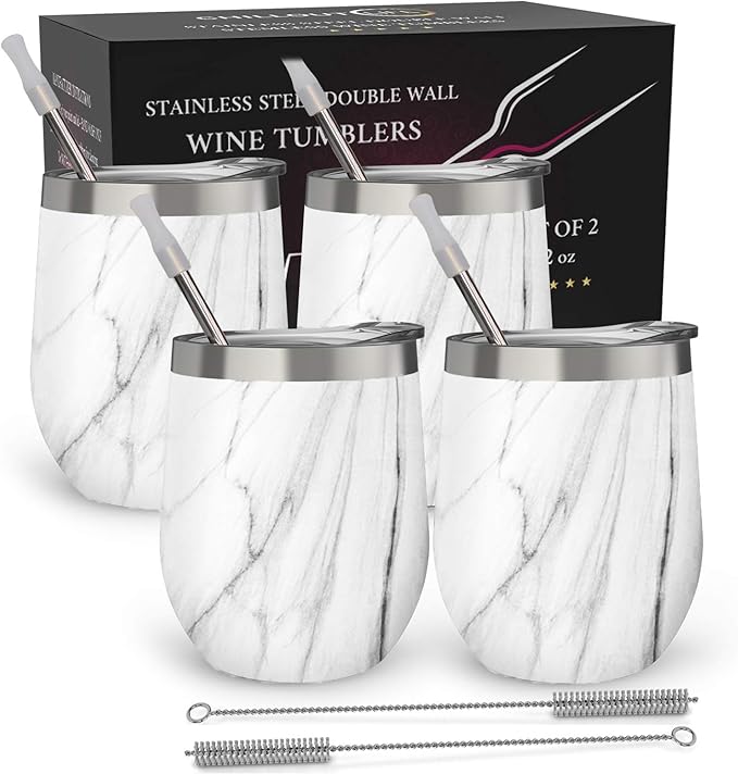 CHILLOUT LIFE 12 oz Stainless Steel Wine Tumblers 4 Pack - Double Wall Vacuum Insulated Wine Glasses Cups with Lids and Straws Set Keeping Cold & Hot for Coffee, Beer, Ice Cream - Carrara Marble