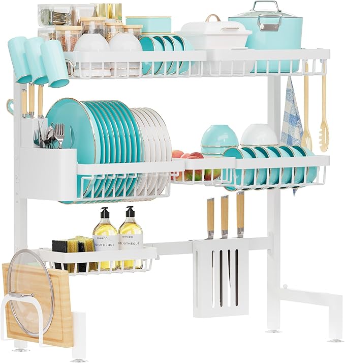 Over The Sink Dish Drying Rack - Adjustable 3 Tier XX-Large Capacity Stainless Steel Drainer with Cutlery & Utensil Holders, Kitchen Storage & Organization, 31.5"-39.5"L x 12"W x 30.5"H, White