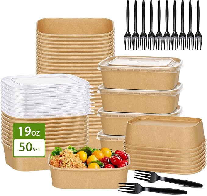50-Pack 19oz Disposable Kraft Paper Bowls with Lids and Forks, Disposable Meal Prep Containers Bowls Disposable Food Prep Container with Lids, Freezer and Microwave Safe for Hot Soup Cold Food Takeout