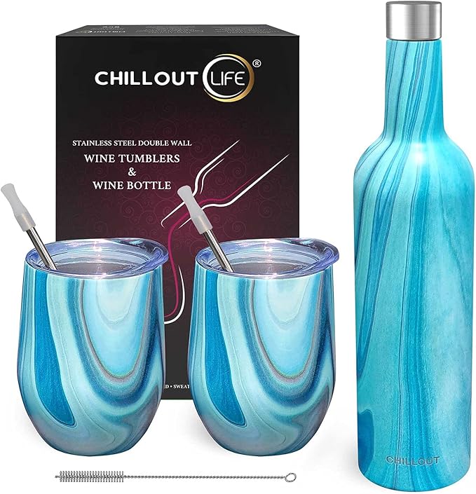 CHILLOUT LIFE 12 oz Stainless Steel Wine Tumblers 2 Pack & 1 Insulated Wine Bottle - Double Wall Vacuum Insulated Wine Glasses Cups with Lids and Straws Set Keeping Cold & Hot Gift Set