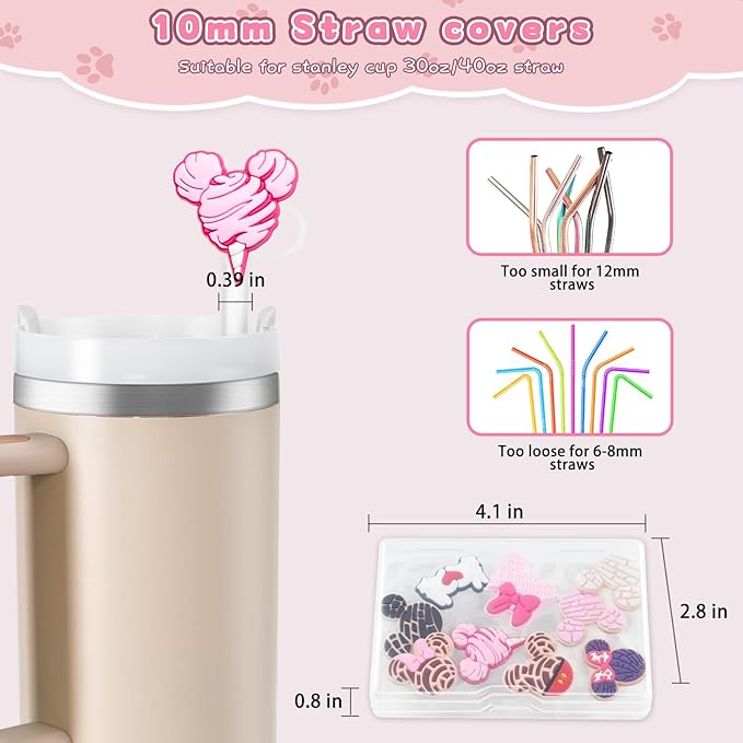 9PCS Straw Covers for Stanley Cup Tumbler 30 oz / 40 oz Leak Proof Straw Toppers 10mm Silicone Cute Caps for Stanley Cup Accessories-Pink Mice-9pcs