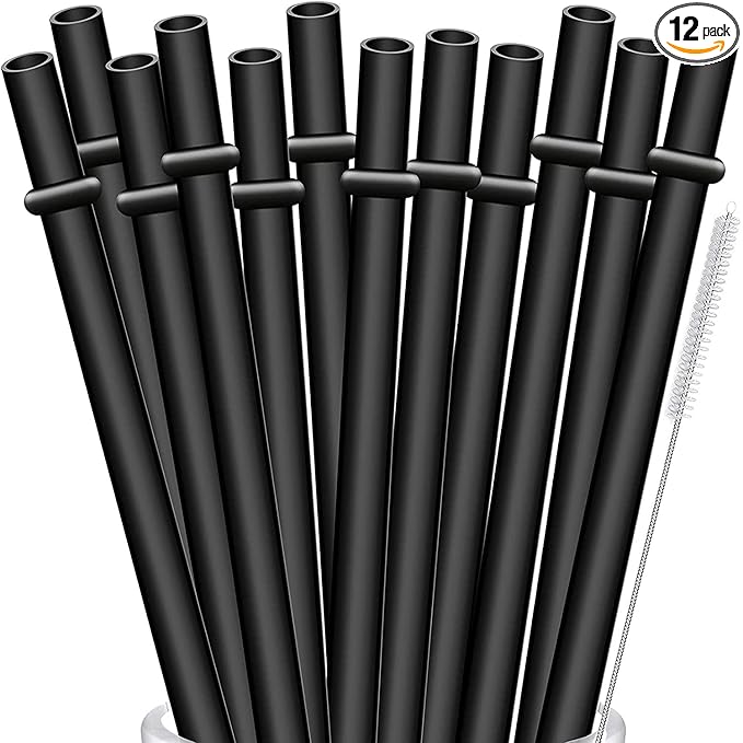 ALINK 13 inch Extra Long Reusable Plastic Black Straws, 12-Pack Tumbler Straws for Stanley Cups, 1 Gallon, 64 oz 40 oz 32 oz Water Bottles, Pack of 12 with Cleaning Brush
