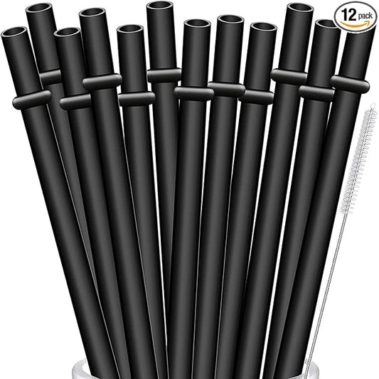 ALINK 13 inch Extra Long Reusable Plastic Black Straws, 12-Pack Tumbler Straws for Stanley Cups, 1 Gallon, 64 oz 40 oz 32 oz Water Bottles, Pack of 12 with Cleaning Brush