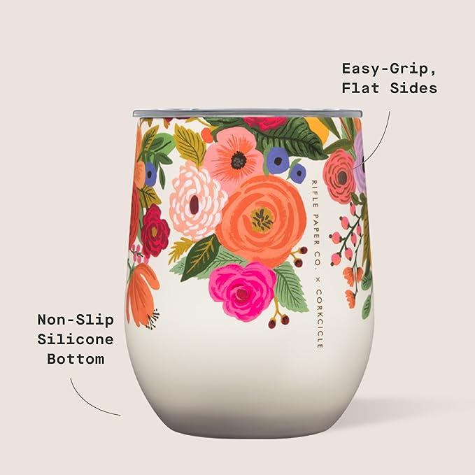 Corkcicle Stemless Insulated Wine Glass Tumbler - Keeps Beverages Cold 6 Hrs Hot 3 Hrs - Stainless Steel - Easy-Grip - Summer Drinkware Gift - Keeps Drinks Ice Cold - 12 oz - Garden Party