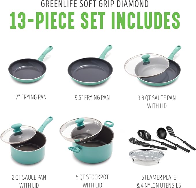 GreenLife Soft Grip Diamond Healthy Ceramic Nonstick 13 Piece Cookware Pots and Pans Set, PFAS-Free, Dishwasher Safe, Turquoise, Diamond Cookware