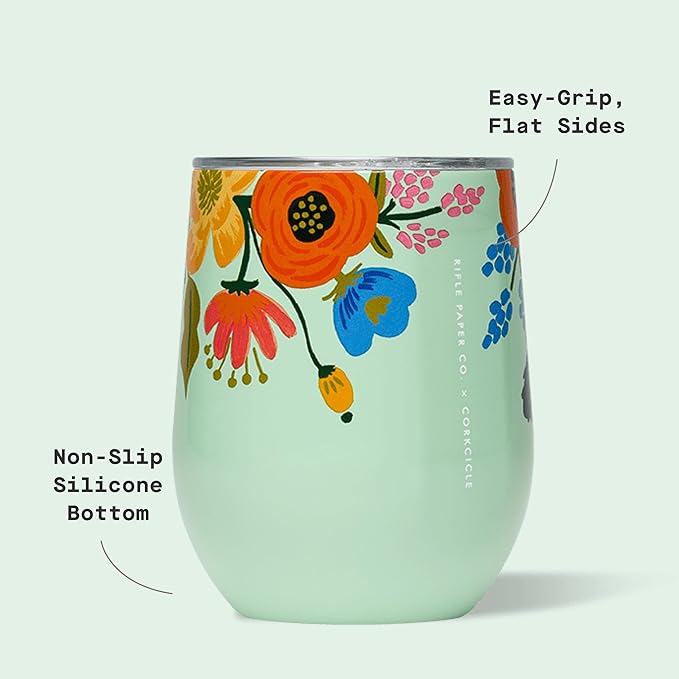 Corkcicle Stemless Insulated Wine Glass Tumbler - Keeps Beverages Cold 6 Hrs Hot 3 Hrs - Stainless Steel - Easy-Grip - Gift for Mom - Great for Mother's Day or Christmas - 12 oz - Mint Lively Floral