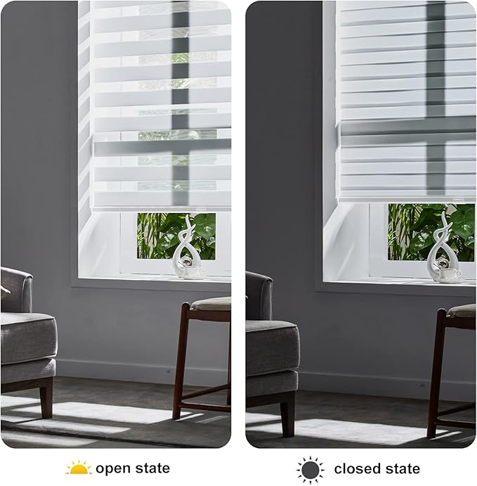 Persilux Cordless Zebra Blinds for Windows, Free-Stop Room Darkening Window Blinds (19" W x 72" H, White) Light Control for Day and Night, Privacy Protection Window Treatments Roller Shades for Home