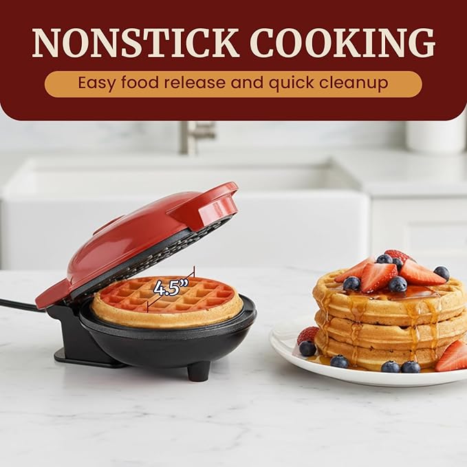 Elite Gourmet EWM015R Electric Nonstick 4.5-inch Mini Waffle Maker, Belgian Waffles, Compact Design, Hash Browns, Keto, Snacks, Sandwich, Eggs, Easy to Clean, Red