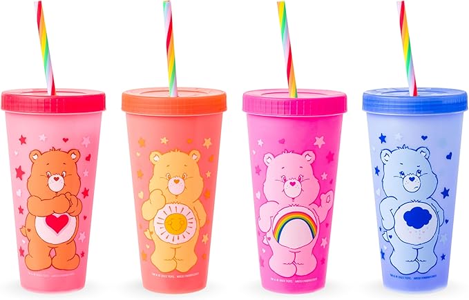 Silver Buffalo Care Bears Hearts and Stars 4 Pack Plastic Color Changing Tumblers with Rainbow Swirl Straws Featuring Tenderheart, Funshine, Cheer, and Grumpy Bear 24 Ounces