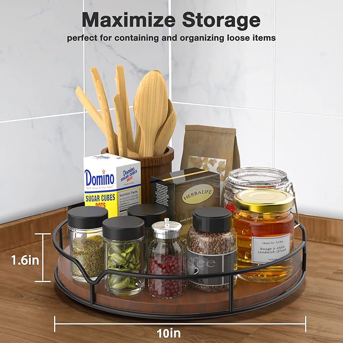 Lazy Susan Turntable Organizer with Anti-slip Mat for Cabinet Pantry Kitchen Countertop Refrigerator Office, Pine Wood, 10", Brown