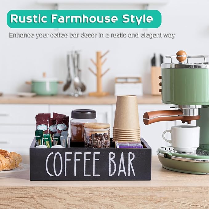 ALEION Coffee Station Organizer - Wood Countertop Accessories Organizer with Removable Dividers for Pods Condiment Syrup Tea Cups Stirrers - for Farmhouse Coffee Bar Decor