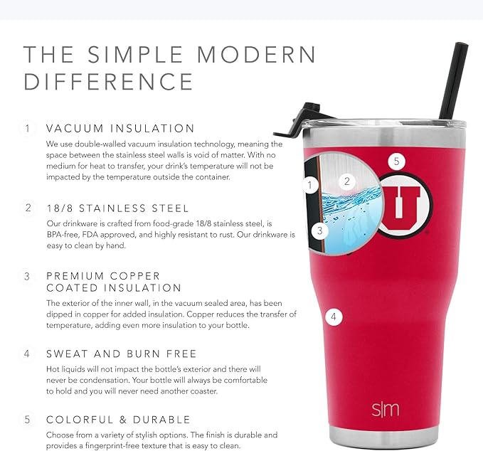 Simple Modern Officially Licensed Collegiate Utah Utes Tumbler with Straw and Flip Lid | Insulated Stainless Steel 30oz Thermos | Cruiser Collection | University of Utah