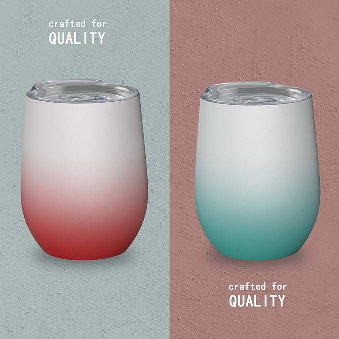 Insulated Wine Tumblers with Lid,12 oz Stainless Steel Stemless Wine Glasses Double Wall Vacuum Travel Tumbler Cup for Coffee, Drinks, Champagne, Beverage, Set of 2