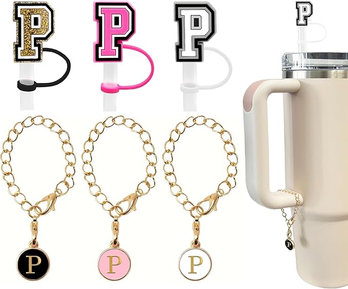 （3 +3) 3PCS Nuozme Straw Cover 10mm For Stanley Tumbler Cup Reusable Straw Cap Topper with 3 Initial Letter Charms Accessories Name ID Personalized Handle Charm For Stanley 30&40 Oz Cup Tumbler