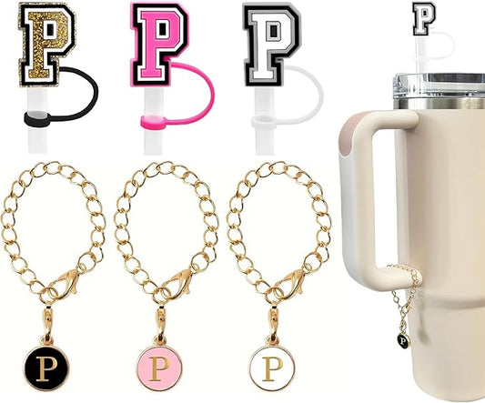 （3 +3) 3PCS Nuozme Straw Cover 10mm For Stanley Tumbler Cup Reusable Straw Cap Topper with 3 Initial Letter Charms Accessories Name ID Personalized Handle Charm For Stanley 30&40 Oz Cup Tumbler