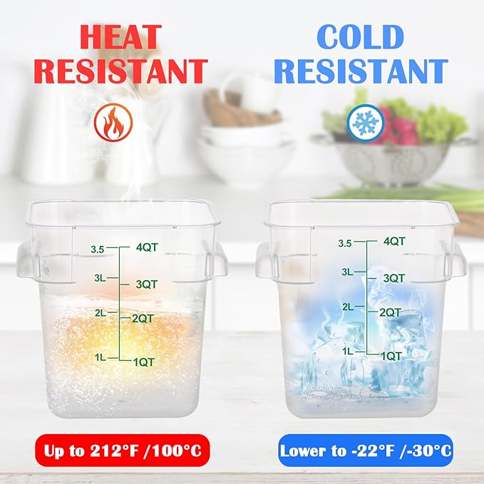 4 Pack 4QT Food Storage Containers with Green Lids, Clear Square Commercial Food Grade Storage Containers with Handles and Scales, BPA-Free Airtight Restaurant Container for Sourdough, Marinating Meat