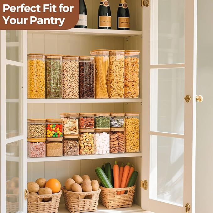 ComSaf Glass Spaghetti Pasta Storage Containers with Lids 2.2 Qt Set of 3, Tall Clear Airtight Food Storage Jar with Lid for Noodles Flour Oat Cereal Sugar Beans, Sqaure Spaghetti Pantry Containers