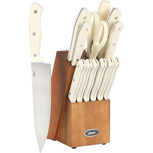 Oster Evansville 14 Piece Cutlery Kitchen Knife Block Set, Stainless Steel w/Linen White Handles - Cuchillos Para Cocina