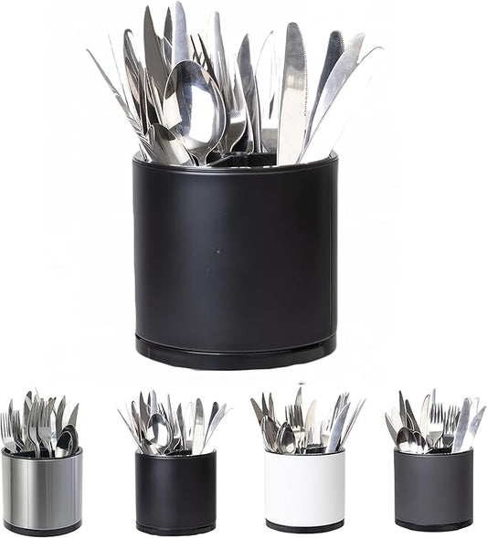 Silverware Organizer Kitchen Utensil Holder 360°Rotating For Counter Organizer Stainless Steel Storage Silverware Caddy 3 Compartment Flatware Spoon Spatula Tool Cutlery Container(Black)