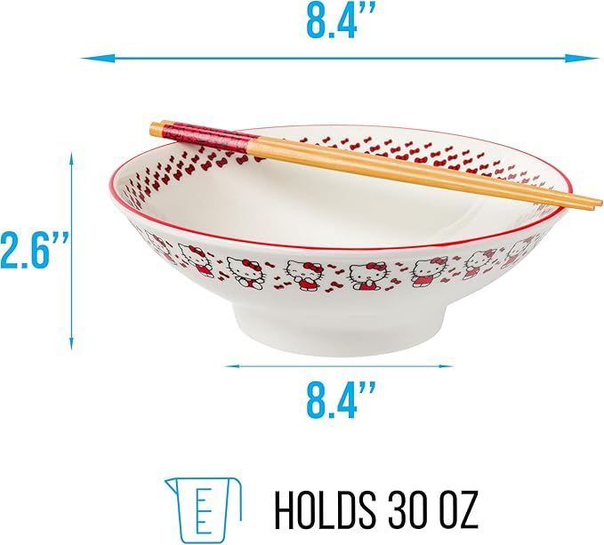 Silver Buffalo Hello Kitty Red Stripes and Bows Ceramic Ramen Noodle Rice Bowl with Chopsticks, Microwave Safe, 30 Ounces