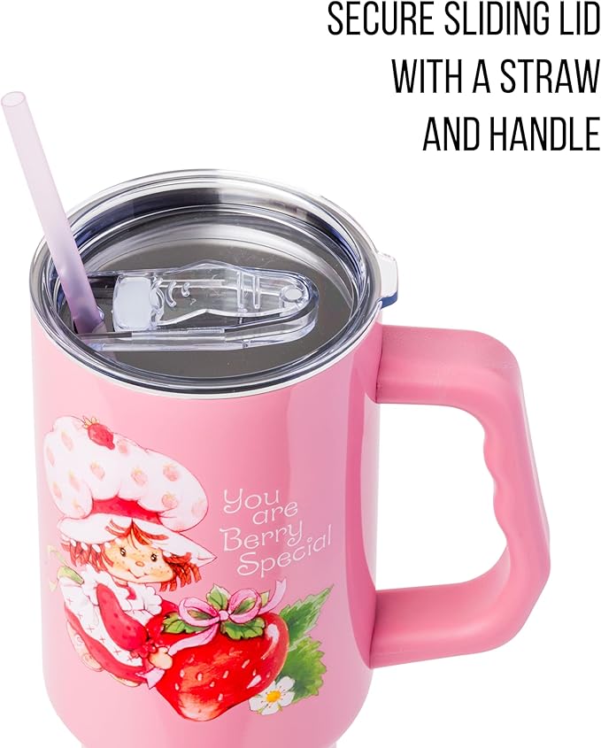 Silver Buffalo Strawberry Shortcake You Are Berry Special Vintage Berry Pink Stainless Steel Tumbler with Handle and Straw, Fits in Standard Cup Holder, 40 Ounces
