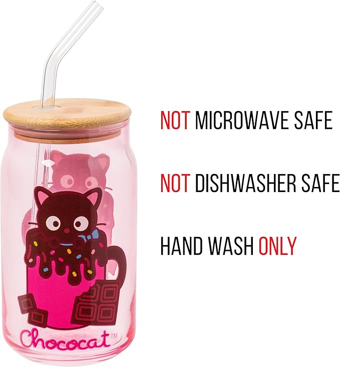 Silver Buffalo Sanrio Hello Kitty & Friends Chococat Chocolate Pink Glass Jar Tumbler with Bamboo Lid and Glass Straw, 16 Ounces (Pack of 12)