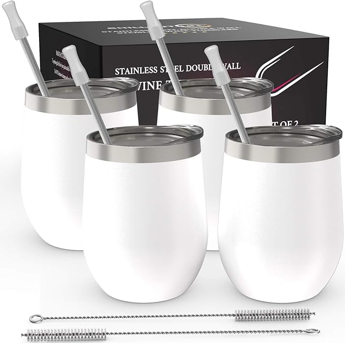 CHILLOUT LIFE 12 oz Stainless Steel Wine Tumblers 4 Pack - Double Wall Vacuum Insulated Wine Glasses Cups with Lids and Straws Set Keeping Cold & Hot for Coffee, Beer, Ice Cream - Powder Coated White