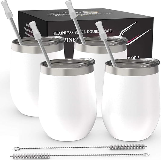 CHILLOUT LIFE 12 oz Stainless Steel Wine Tumblers 4 Pack - Double Wall Vacuum Insulated Wine Glasses Cups with Lids and Straws Set Keeping Cold & Hot for Coffee, Beer, Ice Cream - Powder Coated White