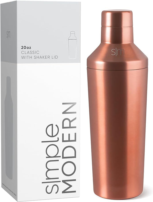 Simple Modern Cocktail Shaker Set with Jigger Lid | Stainless Steel Boston Shaker Insulated Martini Mixer for Mocktails | Gifts for Men Women Him Her | Classic Collection | 20oz | Metallic Copper