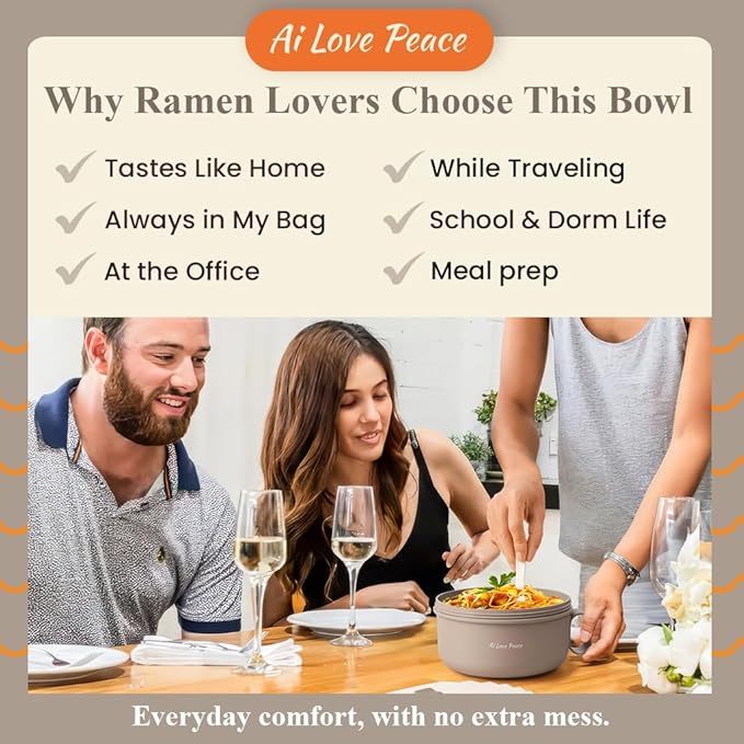 AI LOVE PEACE Ramen Bowl, 40 oz Microwaveable Noodle Cooker for Ramen, Pho, Soup, and Pasta, Dishwasher Safe and Portable, Ideal for Home, Office, Dorm, or Gift (Beige)