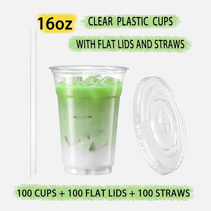TashiBox TahiBox Plastic cups with lids and straws 16 oz 100sets [100 cups & 100 flat lids & 100 straws],clear crystal disposable iced coffee cups with lids
