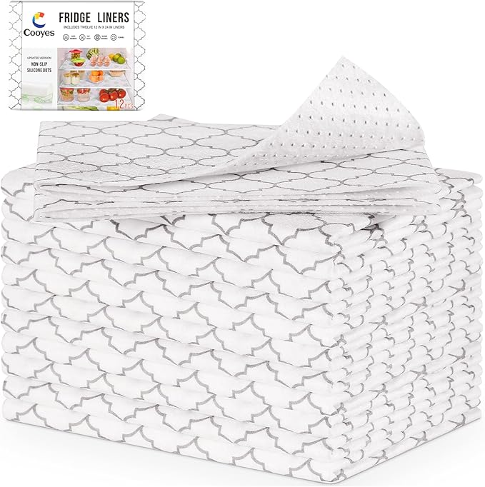 Cooyes 12 Pack Refrigerator Liners, Non Slip Fridge Mats Washable, Refrigerator Shelf Liner for Glass Shelves and Drawers, Keep Produce Fresh Longer, 12" × 24"