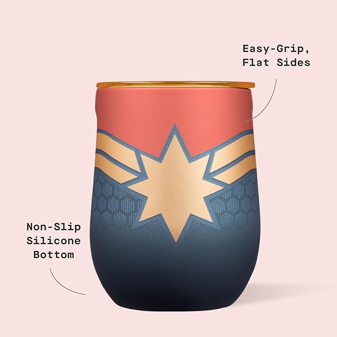 Corkcicle Stemless Insulated Wine Glass Tumbler - Keeps Beverages Cold 6 Hours & Hot 3 Hours - Stainless Steel - Easy-Grip - Summer Drinkware Gift - Keeps Drinks Ice Cold - 12 oz - Captain Marvel