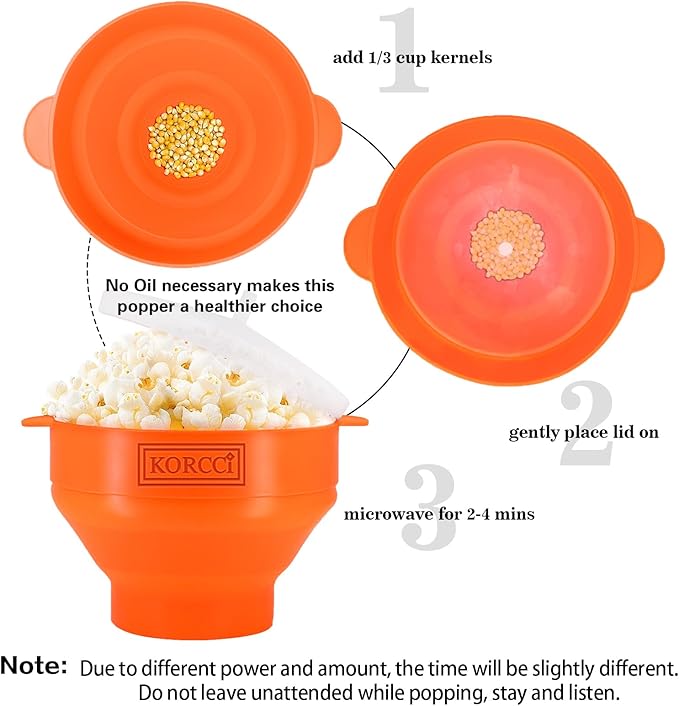 The Original Korcci Microwaveable Silicone Popcorn Popper, Microwave Popcorn Popper, Collapsible Microwave Popcorn Maker Bowl, No Oil Required, Use In Microwave, Dishwasher Safe (Orange)