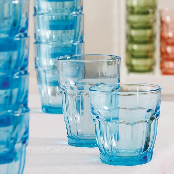 Bormioli Rocco Rock Bar 12.5 oz. Long Drink Stackable Tempered Beverage Glasses for Cold Drinks, Water, and Cocktails, Set of 6, Ice Blue (Pack of 4)