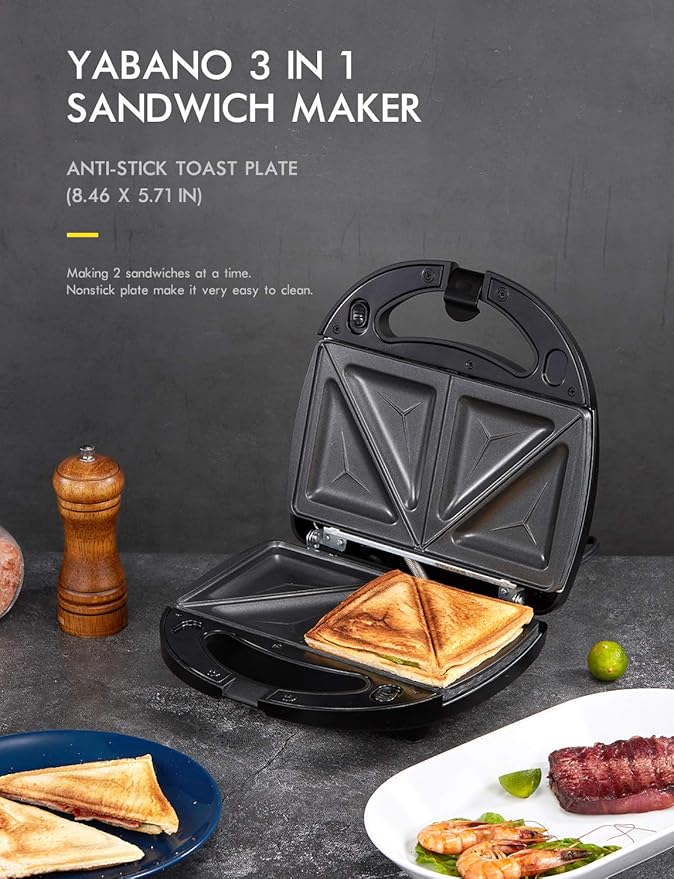Yabano Sandwich Maker, 3 in 1 Waffle Maker, Toaster and Electric Panini Press Grill with Non-stick Coating Plate, Easy to Clean, Heating Up Fast