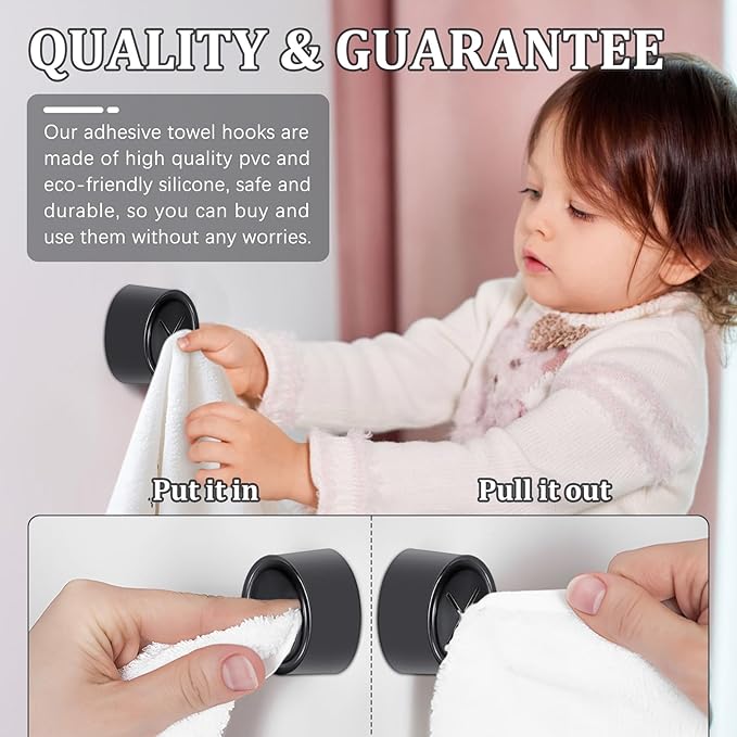 3 Pieces Kitchen Towel Hooks Round Adhesive Dish Towel Hook Premium Chrome Finish & Easy Installation Wall Mount Hand Towel Hook Ideal as Bathroom, Shower or Outdoor Towel Holders (Black)