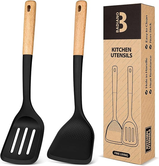 Silicone Wok Spatula Turner Set, Perfect for Scooping, Flipping, Lifting Pancakes and Picking up Veggies, BPA-Free Matte Silicone, Wooden Handles, Safe for Nonstick Cooking Surfaces (Black)