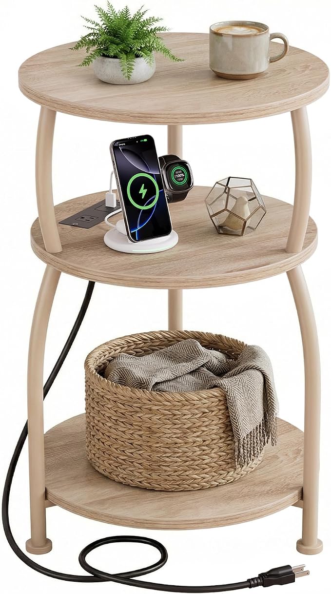 Round Side Table with Power Outlet & USB Ports, 3-Tier End Table with Storage by designyourhome